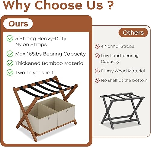 Miniatura 8 de Juego de 2 portaequipajes de nogal totalmente montados con 4 cajas de almacenamiento, soporte de bambú de 26.77 pulgadas para habitación de