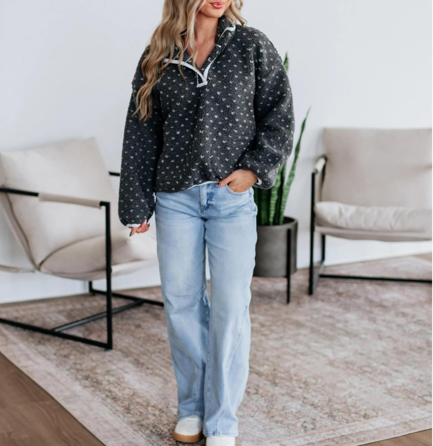 Fuzzy Fleece Jacket Women Long Sleeve Half Button Down Tops Casual Sherpa Pullover Sweatshirts Warm Winter Outerwear(Dark-Grey,L) - Image 7