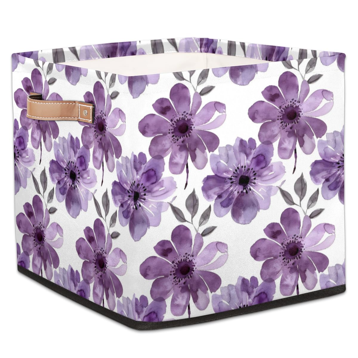 Purple Floral Cube Storage Bin, 13 Inch Collapsible Fabric Storage Cubes Bin, Watercolor Flower Leaves Wildflower Foldable Cube Baskets for Shelf, Closet, Organizer