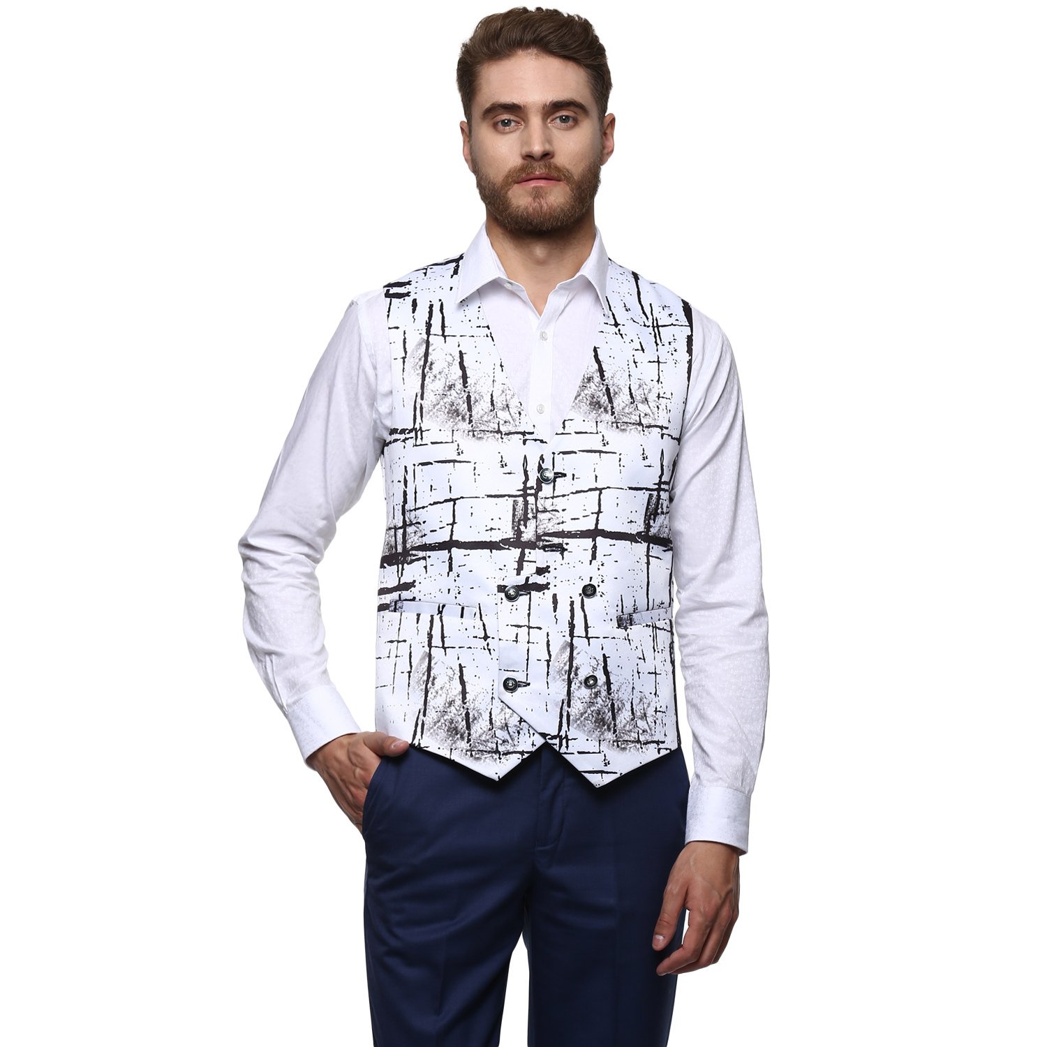 routeen V Neck White Printed Waistcoat for Men-picture-52