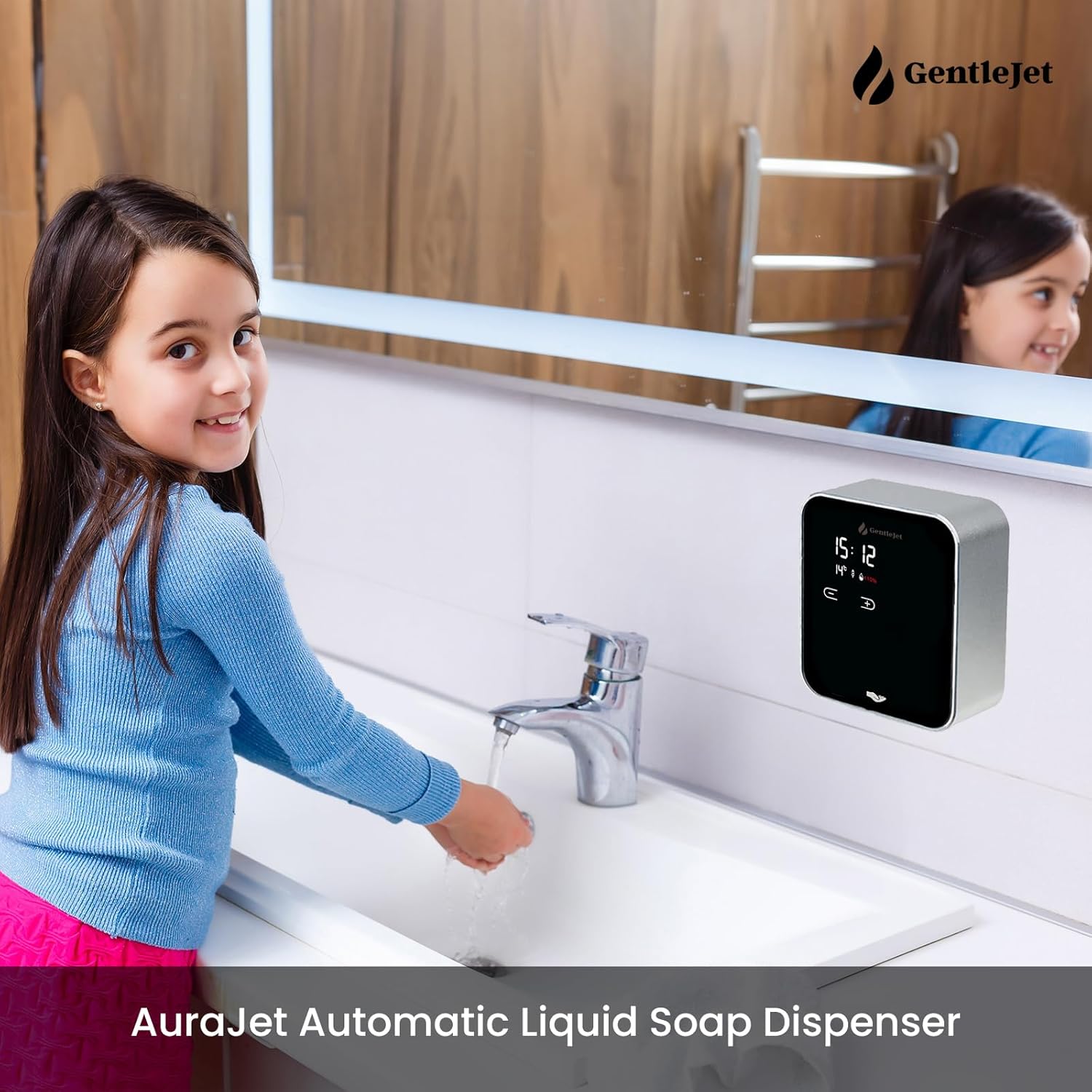AuraJet Automatic Liquid Soap Dispenser Wall Mount, Touchless Motion Sensor, Digital LED Display, Aluminum Alloy Body, 5 Adjustable Output Levels, USB or Battery Powered, 16.2 oz - Image 5