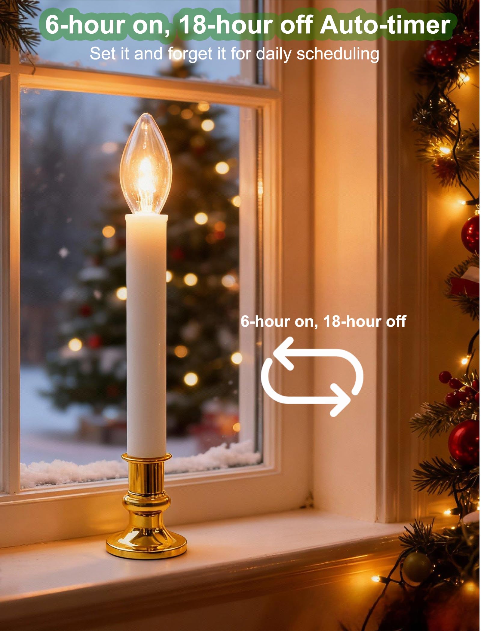 Batteriebetriebene Weihnachtsfensterkerzen mit Timer | Flammenlose LED-Kerzen für Fenster, Messingsockel, batteriebetriebene Fensterkerzen mit Saugnäpfen, 26,7 cm, 6 Stück