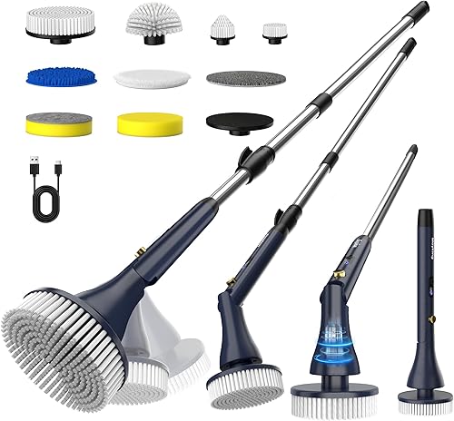 MayKing Depurador eléctrico giratorio con 9 cabezales de cepillo, limpiador eléctrico inalámbrico ajustable de 3 ángulos y 4 longitudes, pantalla