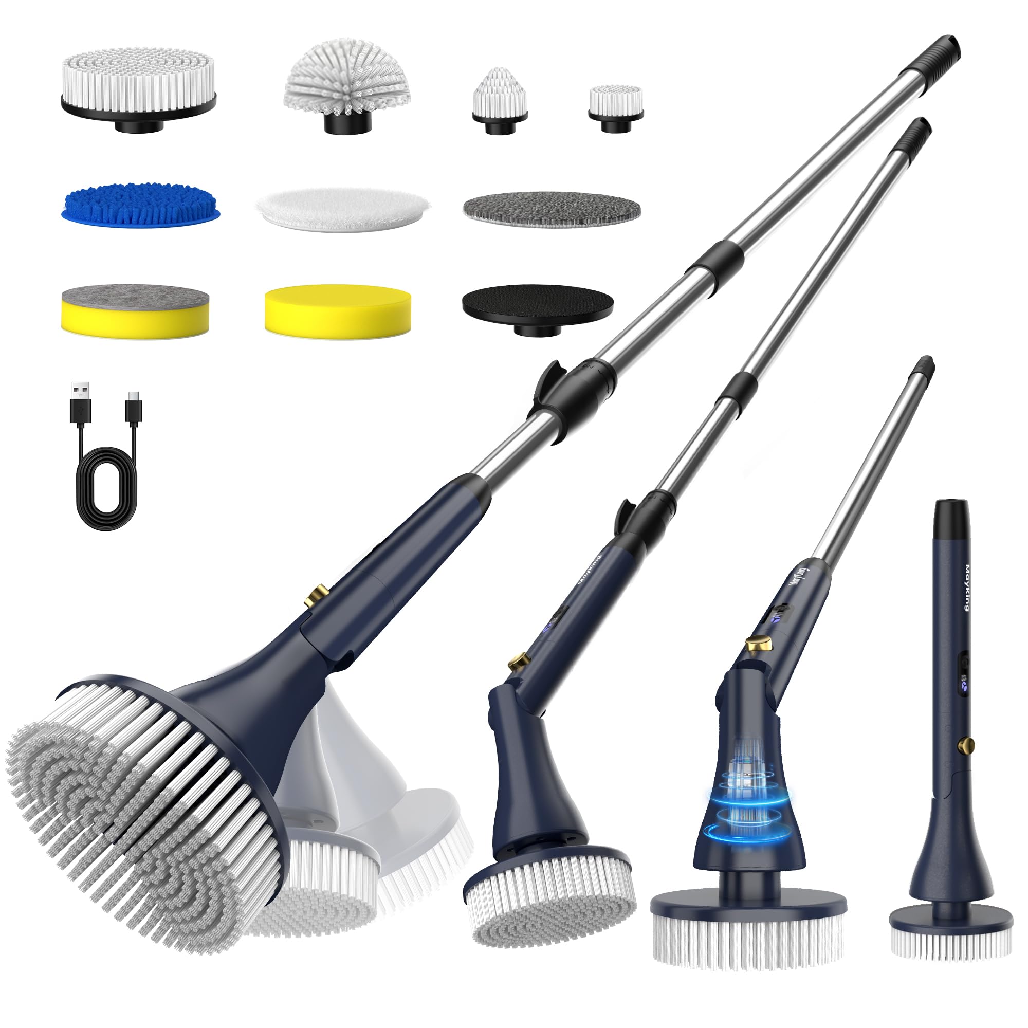 MayKing Electric Spin Scrubber with 9 Brush Heads 3-Angle 4-Length Adjustable Cordless Power Scrubber 3-Speed Battery LED Display
