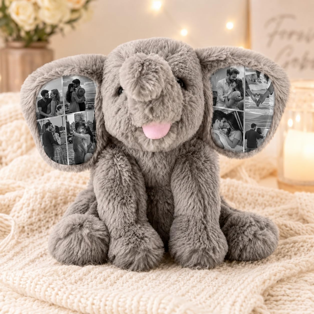 VEELU Personalised Photo Elephant Teddy Customised Memory Picture Elephant Teddy Plush Hidden Ear, Personalised Keepsake Stuffed Animal 22cm Gift for Anniversary Birthday Valentines Day Couple Women
