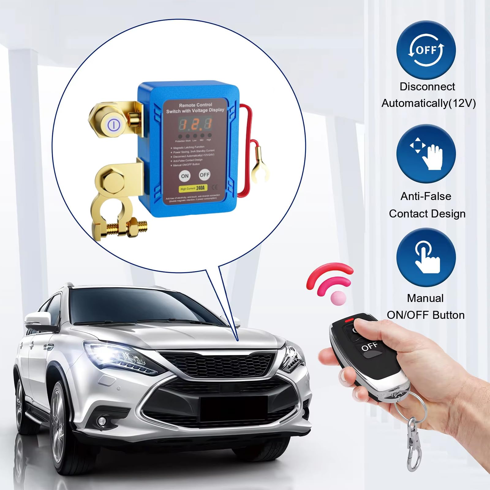 Stacca Batteria 12V per Auto,240A Sezionatore Auto Remoto Senza Fili,Staccabatteria Automatico Antifurto Auto,Interruttore di Spegnimento Automatico per Auto, RV, ATV, Camion, Barca, Moto