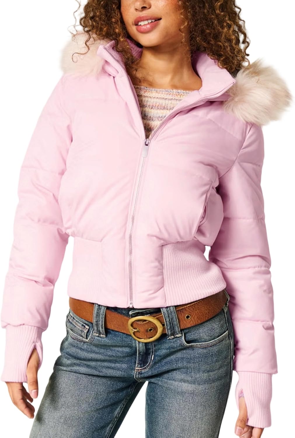 Womens Faux Fur Trim Hooded Jacket Winter Warm Quilted Puffer Bomber Padded Coat Utility Zipper Cropped Outwear