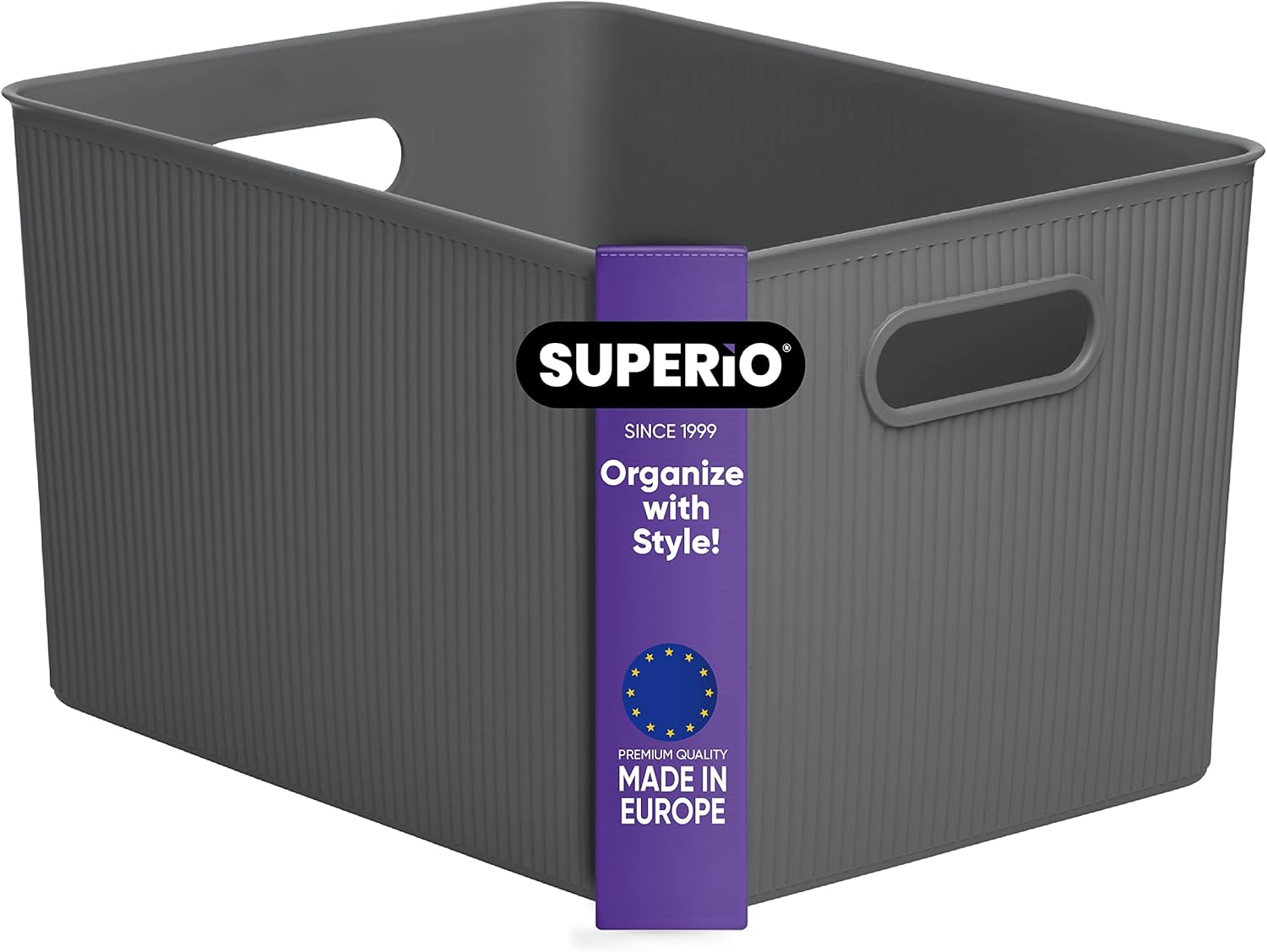 Superio Ribbed Collection - Decorative Plastic Basket Open Home Storage Bins Organizer, X-Large Grey (1 Pack) Container Boxes for Organizing Closet Storage Bins for Shelves 22 Liter/23 Quart