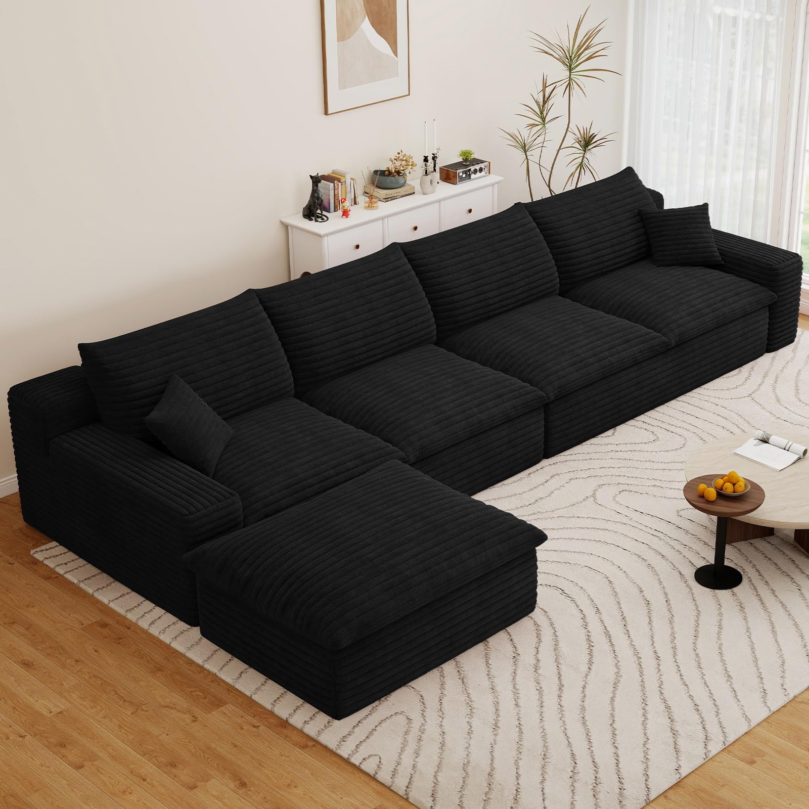 136" Cloud Couch Modular Sectional Sofa for Living Room, L-Shape Boneless Couch with Deep Seat, Modern Corduroy 4-Seater with Ottoman, No Assembly Required, Black