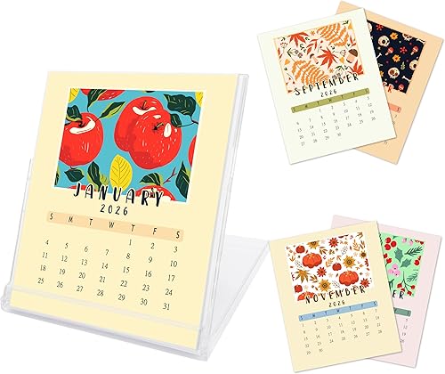 Mini calendario de escritorio 2026-2027, calendarios de escritorio estilo CD de frutas y flora de 18 meses, desde enero de 2026 hasta junio de 2027,