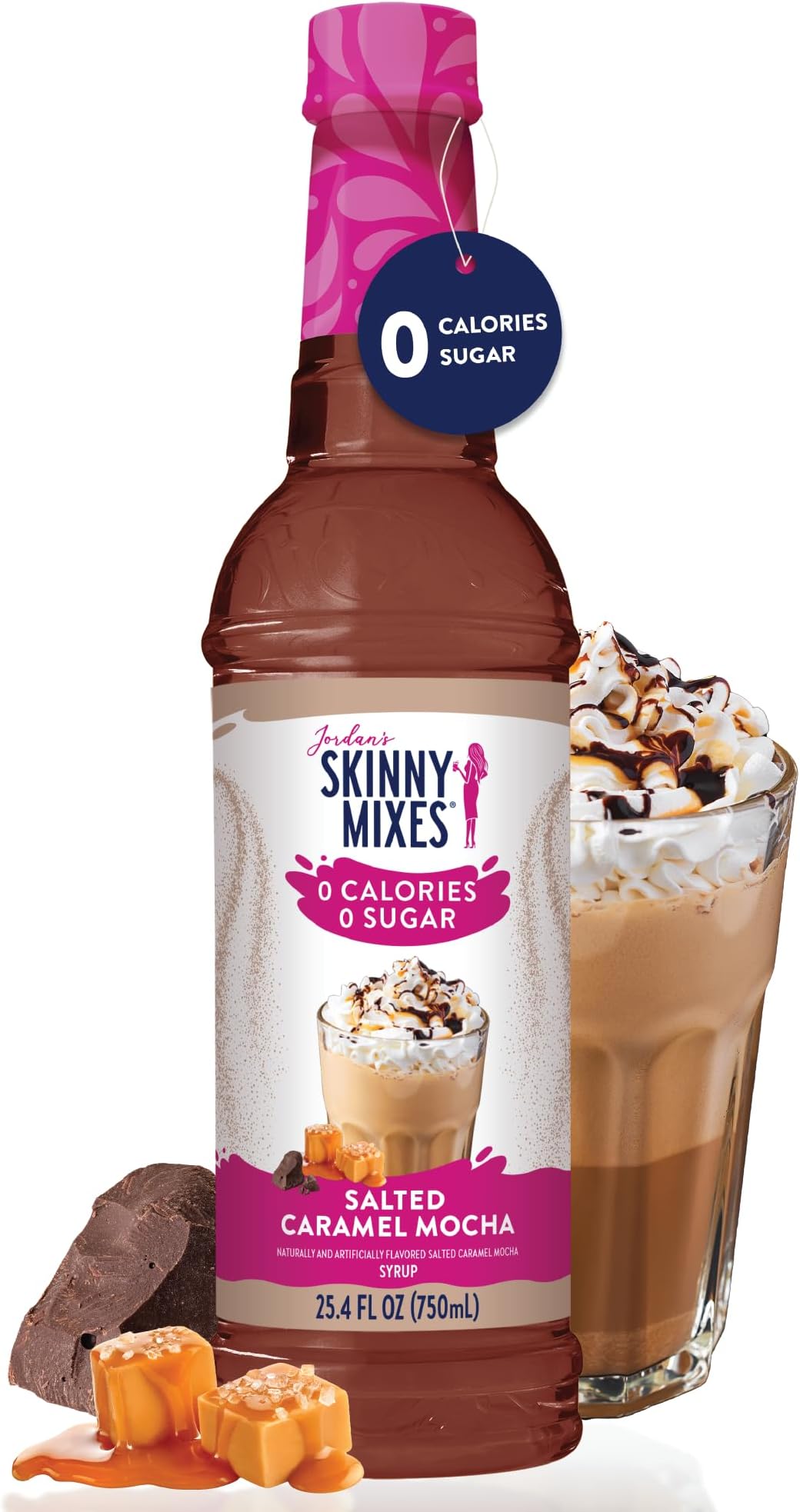 Jordan's Skinny Mixes Sugar Free Coffee Syrup, Salted Caramel Mocha Coffee Flavoring Syrup, Zero Calorie Drink Mix, Lattes, Baking, Protein Shake or Cocktail, Dairy & Gluten Free, Kosher, 25.4 Fl Oz