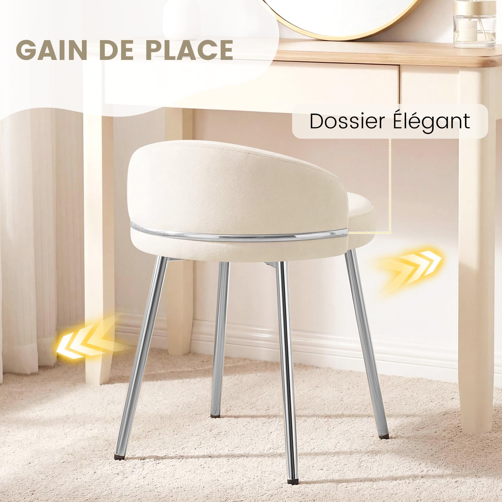Hellove Tabouret Coiffeuse Samt Rond avec Pieds en Métal Argenté, Chaise Coiffeuse Moderne Vanity Stool avec Dossier Courbé et Assise Rembourrée pour Chambre, Salon, Charge 150kg, Beige