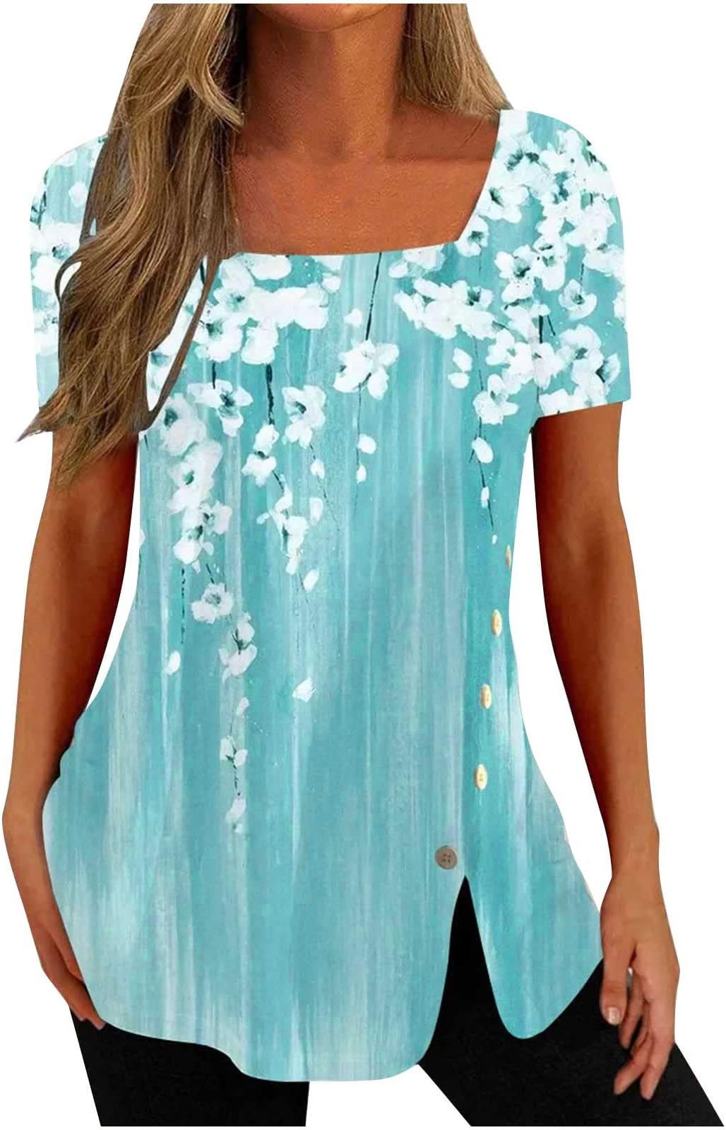 GenericSquare Neck Tops for Womens Dressy Tunic Tshirts Retro Floral Graphic Tees Summer Fashion Ladies Short Sleeve Blouse