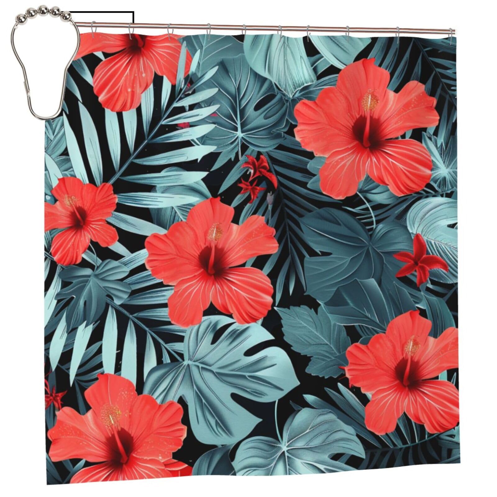 BWWHCCTI Red Hibiscus Printed Shower Curtain With 12 Iron Hooks Opaque Quick Drying Waterproof Shower Curtains Sets For Bathroom 183x183 CM
