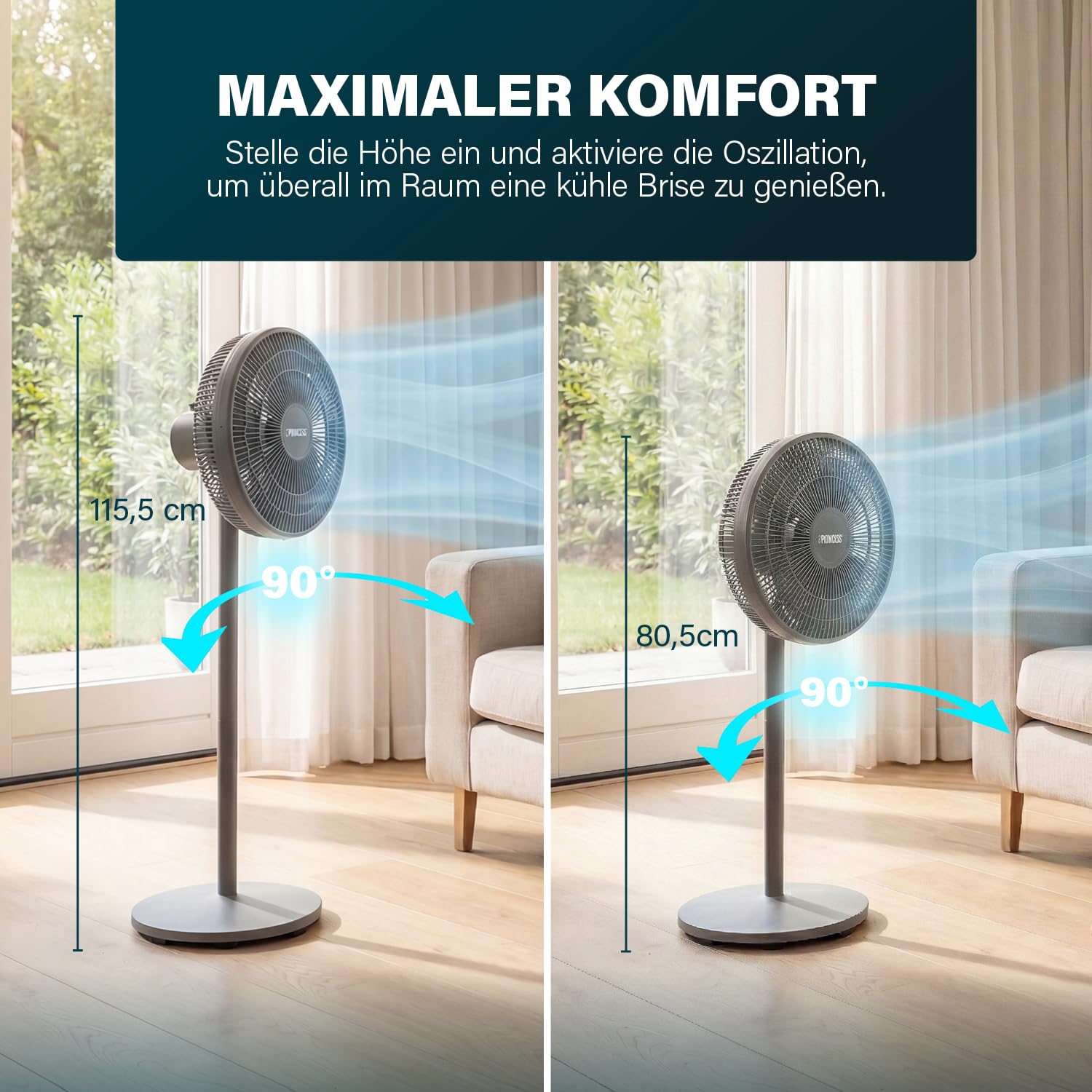 Princess Säulenventilator - Elegantes Design - 30 W - Leistungsstark, Leise, Energieeffizient - Durchmesser: 44 cm - Oszillierend - 12 Geschwindigkeiten - 354822