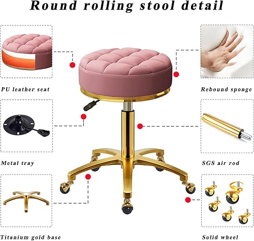 Miniatura 5 de Taburete rodante dorado con ruedas, taburete de masaje de pedicura, silla giratoria redonda de piel sintética, base dorada de titanio, altura