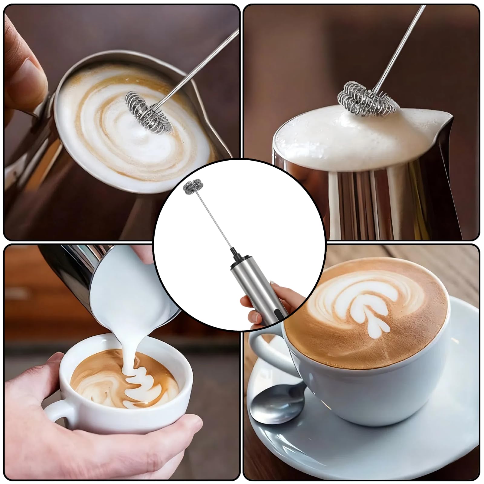 Espumador de leche recargable Hanheld, batidor de café eléctrico de 5 funciones, espumador de mano portátil para café con leche matcha, capuchino, regalo de cocina, acero inoxidable plateado
