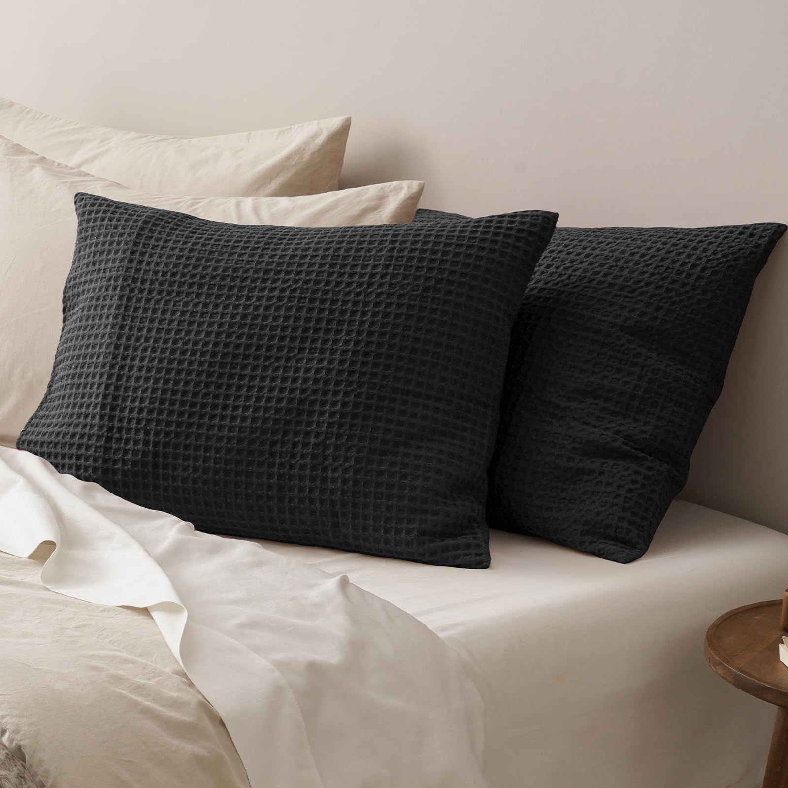 PHF Ultra Soft Waffle Weave Pillow Shams Standard Size, No Insert, 2 Pack 20" x 26" Pillowcases,Breathable & Skin-Friendly Pillow Cases, Stylish Decorative Bed Pillow Cases Covers, Black