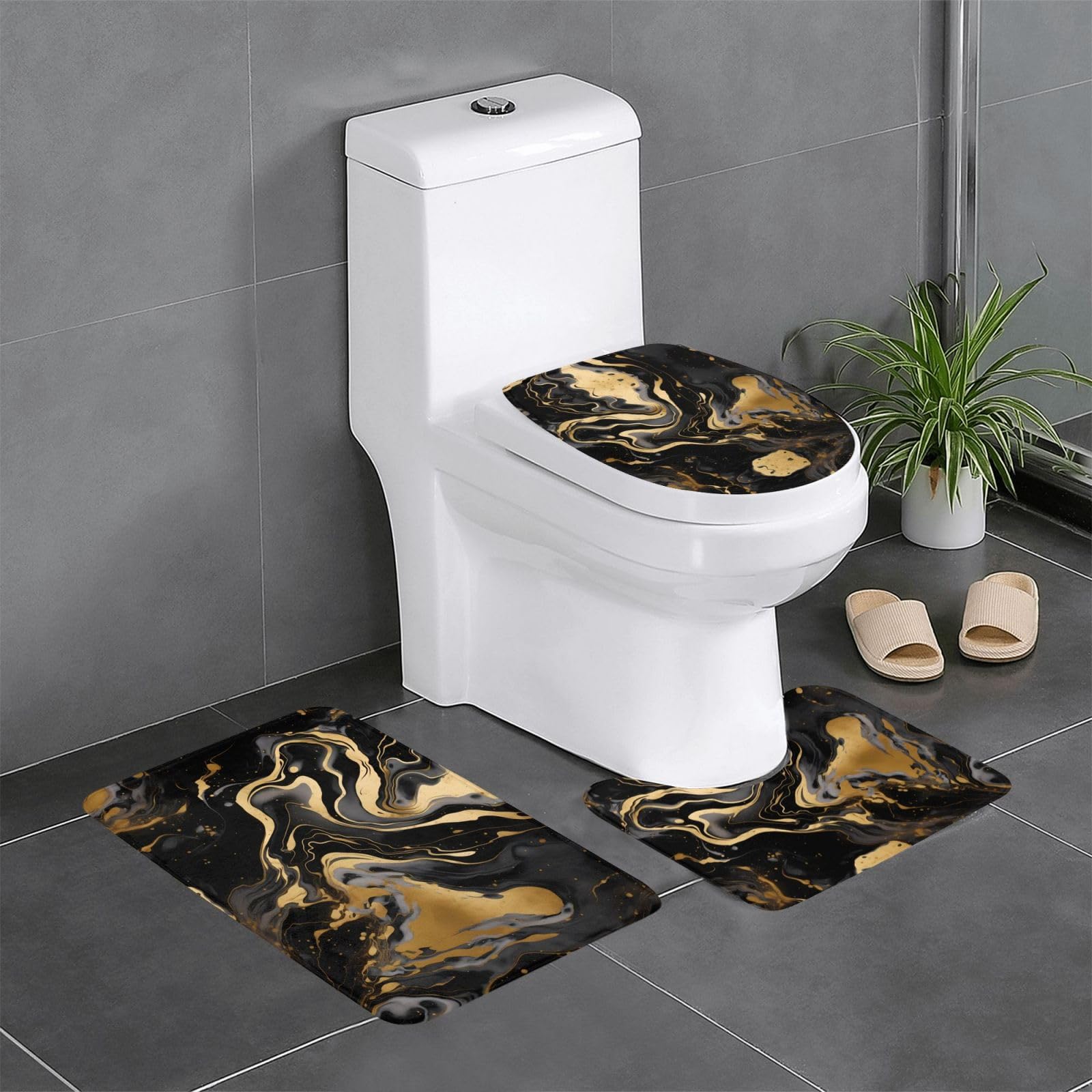 Tapis de salle de bain lot de 3 antidérapants noir doré 61x40 cm pour WC et lavabo
