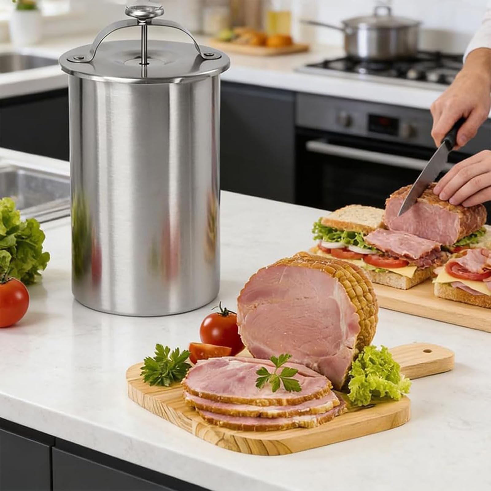Presse à Viande en Acier Inoxydable avec Thermomètre et Mécanisme à Ressort – Moule pour Charcuteries, Jambon Maison et Viandes Froides – Idée Cadeau Originale pour la Cuisine (with Presser)