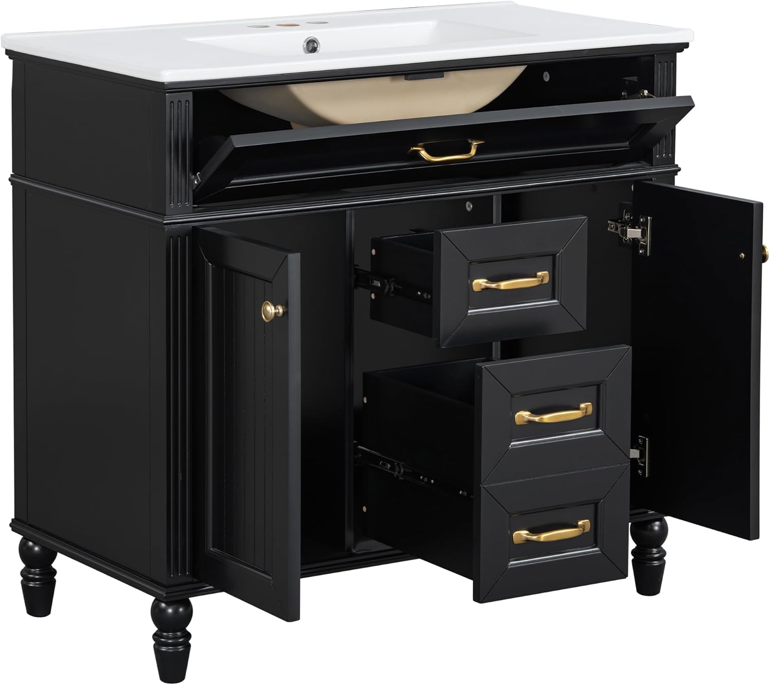 CYJZH 36 Inch Bathroom Vanity with Sink Combo, White Freestanding Cabinet with Ceramic Basin, MDF + Solid Wood Frame, Flip-Out Top Drawer, Soft Close Doors, 2 Storage Drawers (Black + Solid Wood+MDF)
