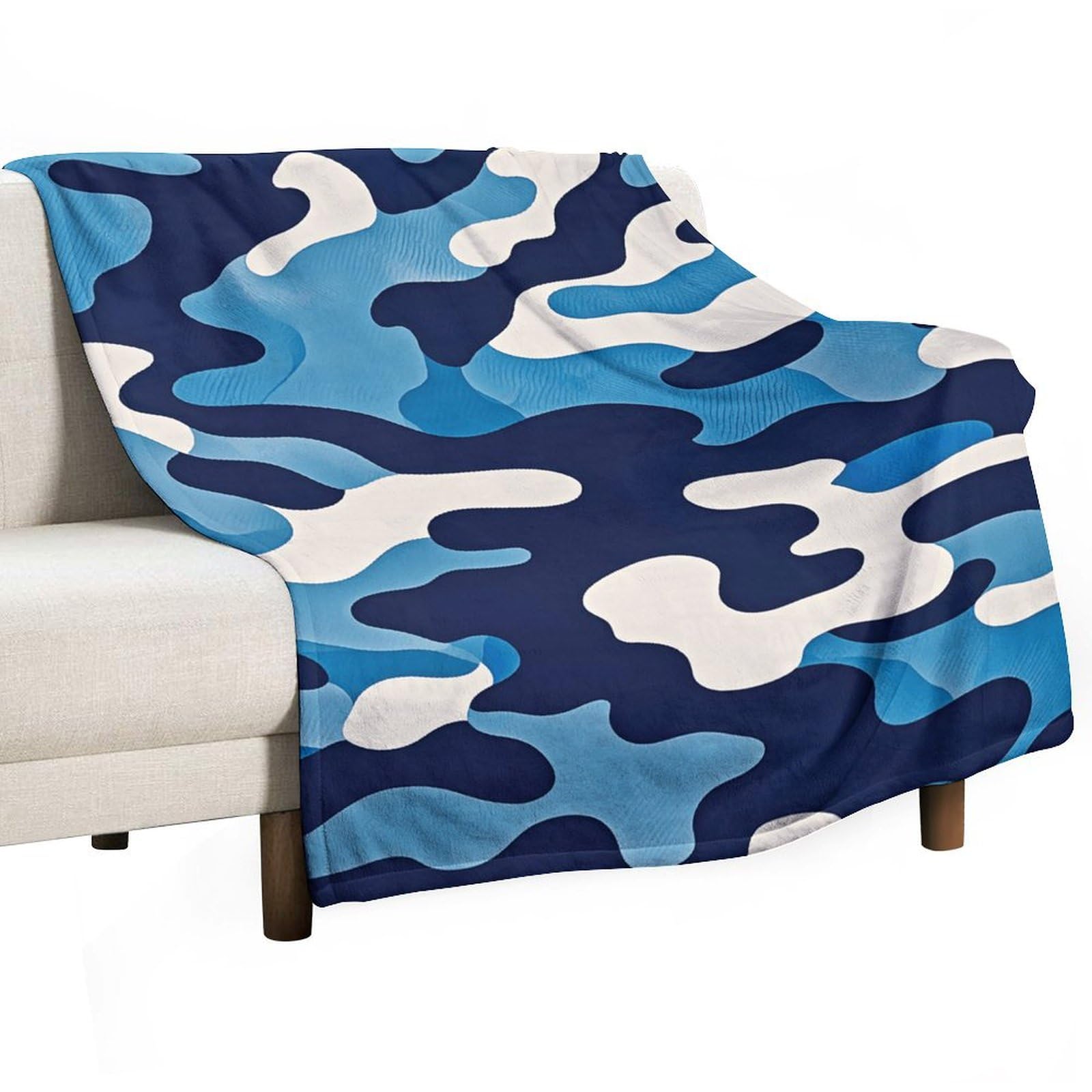 Couverture flanelle douce haut de gamme motif camouflage bleu