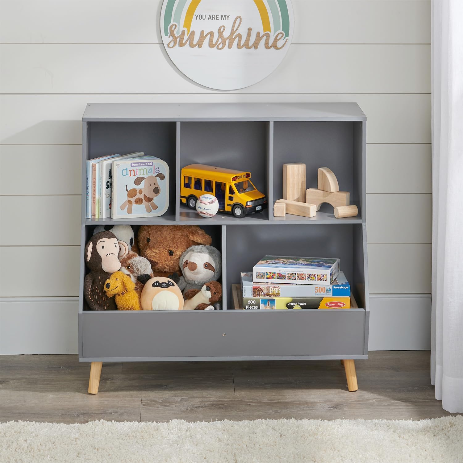 Gray Wooden 5-Bin Kids Toy Storage Organizer with Feet