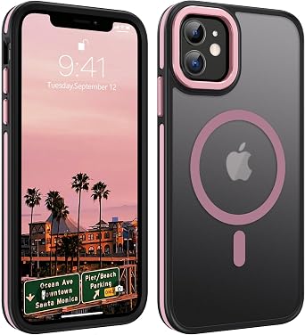 YINLAI Case for iPhone 11 6.1-Inch,iPhone 11 Phone Case Magnetic Compatible with Magsafe Support Wireless Charging Slim Translucent Matte Men Women Girls Shockproof Protective Back Cover,Black/Pink