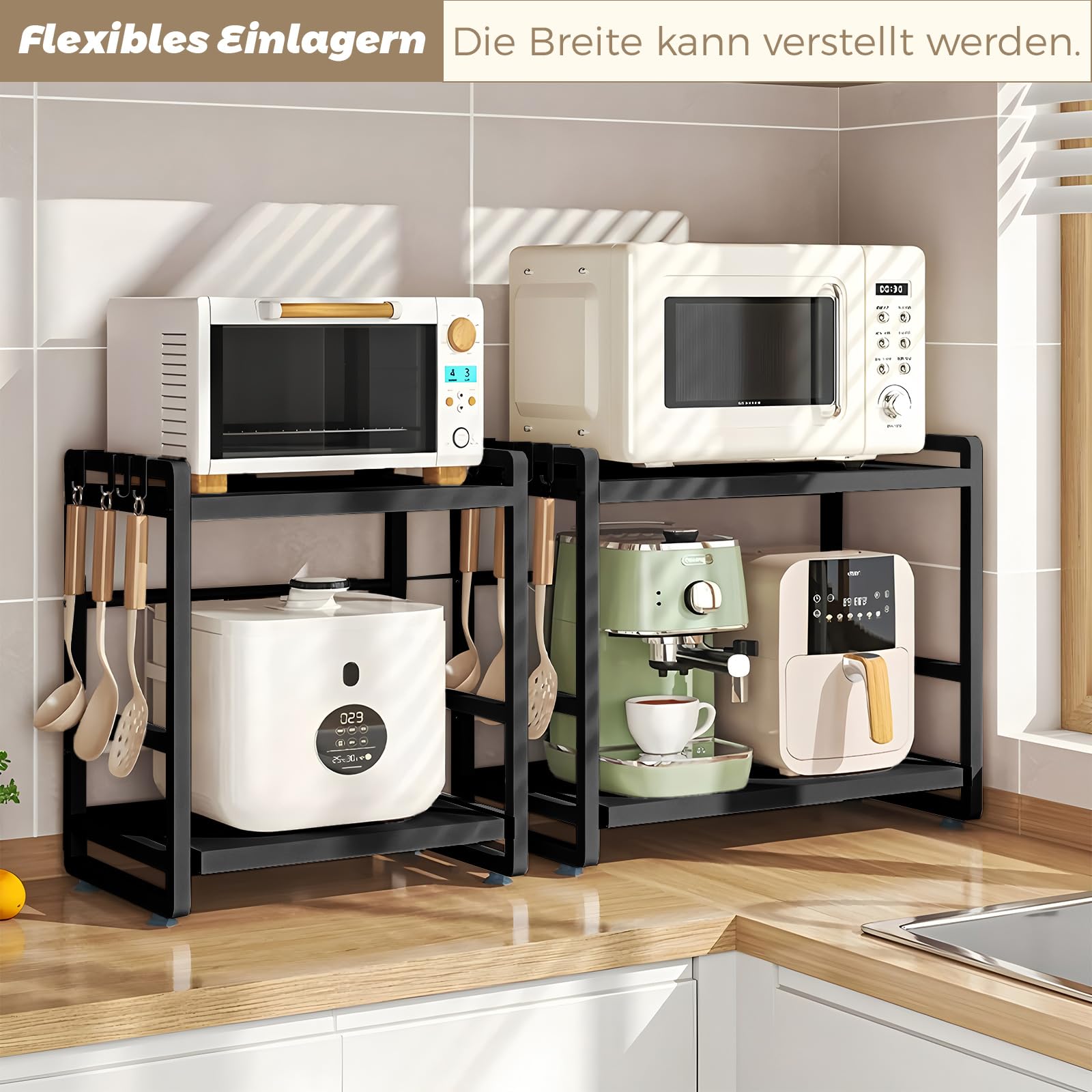 2-stüfiges Mikrowellenregal – Höhenverstellbare & Ausziehbare Küchen-Ablage mit Schublade – Aus Kohlenstoffstahl – Inkl. Haken & Verstärkungssaugnäpfen – Einfache Montage (Schwarz)
