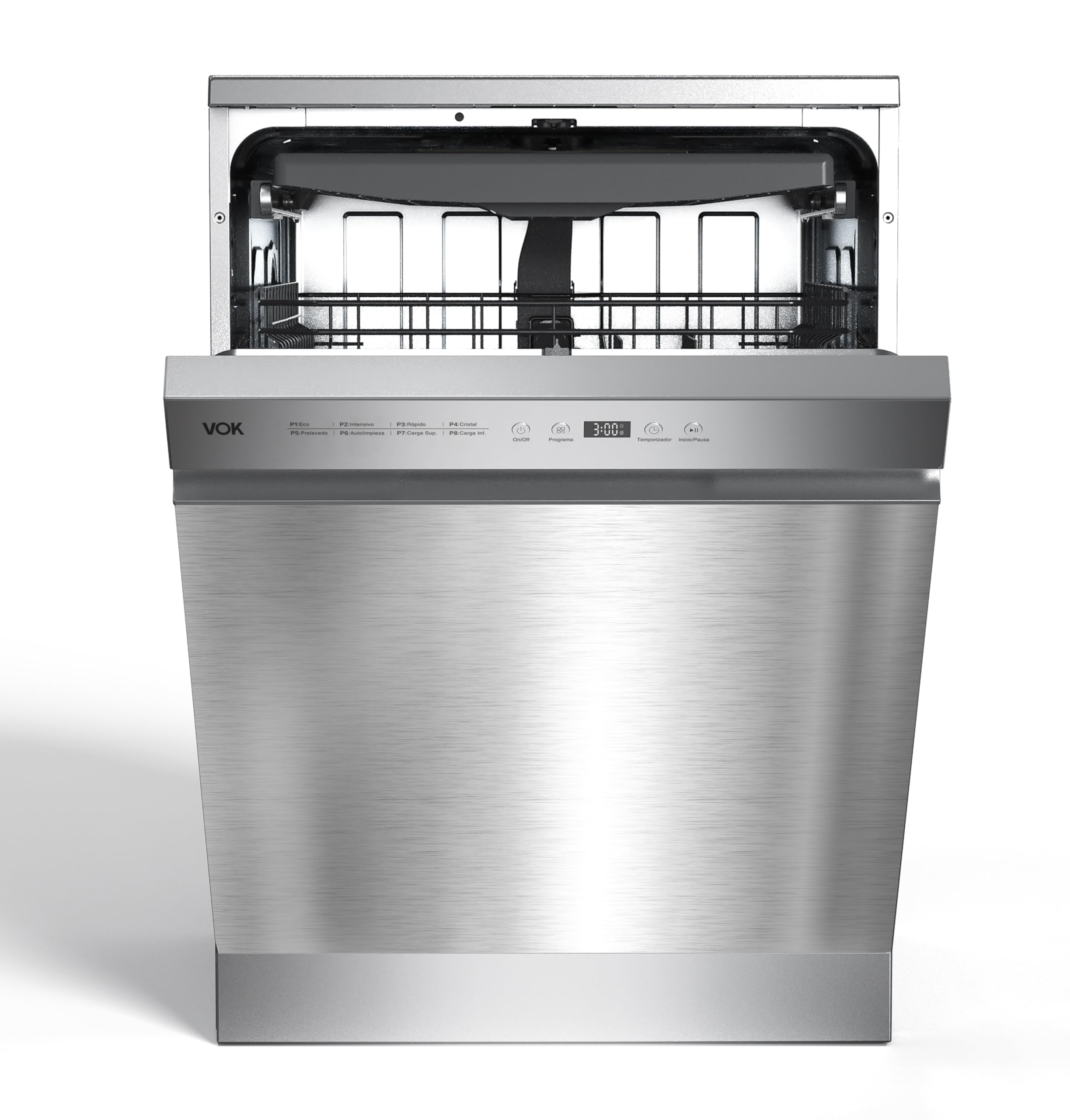 VOK Lavavajillas 60 cm 14 Cubiertos Inox – 3ª Bandeja, 8 Programas, 47 dB Silencioso, Apertura Automática, Aquastop, Cesta Ajustable – Eficiencia Energética C – Instalación Incluida