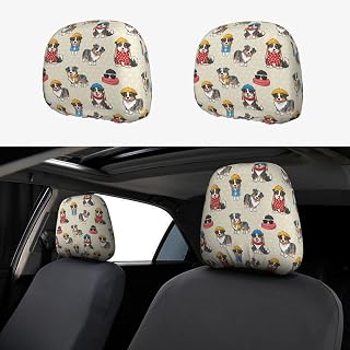 Breathable Car Headrest Cover, Interior Auto Accessories for Comfort and Style Cute Australian Shepherd Dog and Puppy