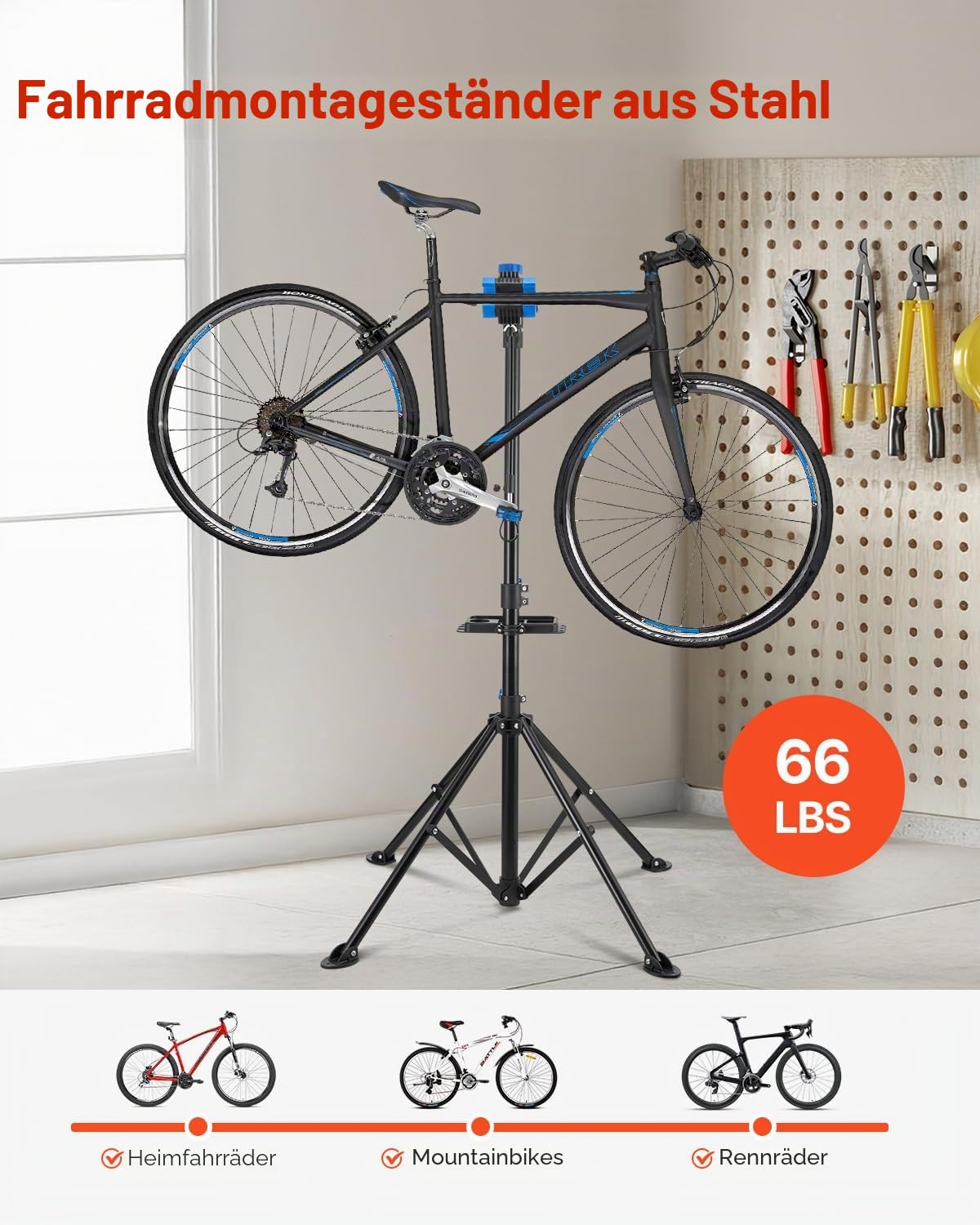 VEVOR Fahrradreparaturständer Fahrradmontageständer (29,9 kg belastbar) mit 835-1440 mm einstellbarer Höhe & magnetischer Werkzeugablage, faltbarer Wartungsständer für Mountainbikes Road Bike