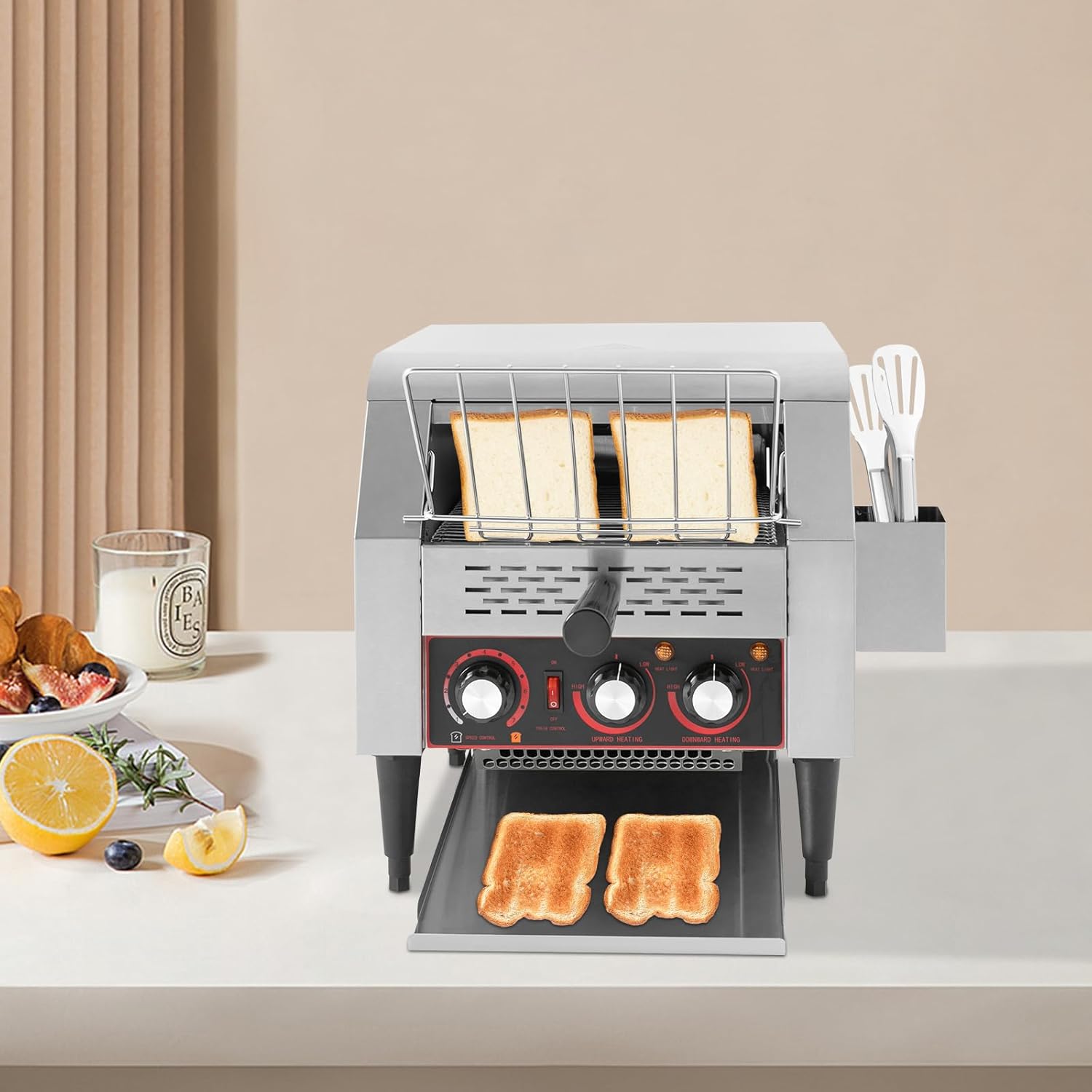 Commercial Conveyor Toaster, 1900W Heavy-duty Toasters with Multiple Heating Modes and 7 speeds, Toaster Ovens Countertop for Raditional White Slices, Wheat Bagel Halves (300 Slices/H)