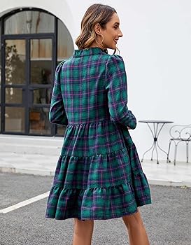 Women's Plaid Print Tunic Dress Long Sleeve V Neck Loose Shirt