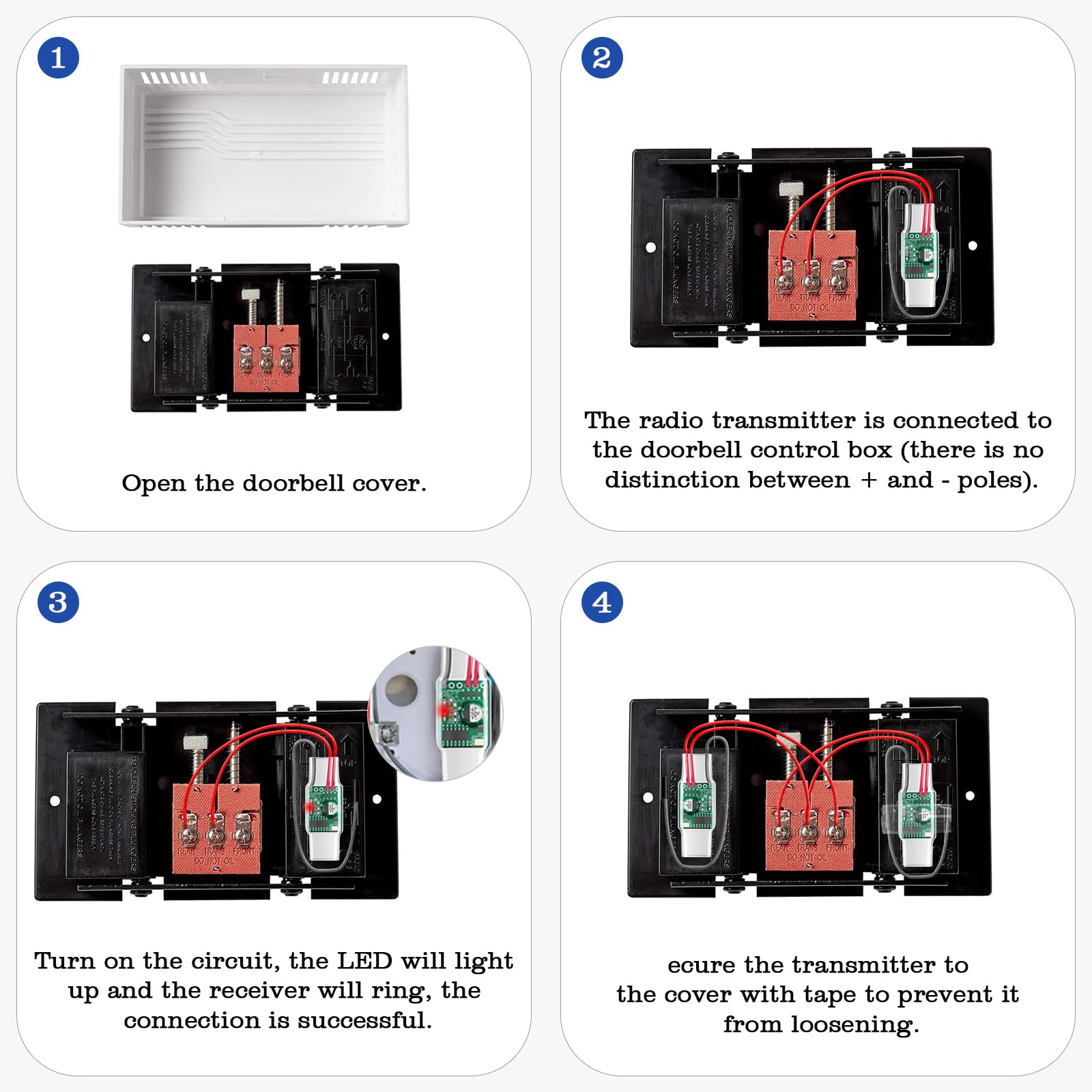 PHYSEN Funksignal Weiterleitung 4 Empfänger und Funkkonverter für Klingelanlagen (3-24V AC/DC), 110dB Lauter Gong, 58 Melodien, Einfache Installation, Blinklicht, Ideal für Senioren