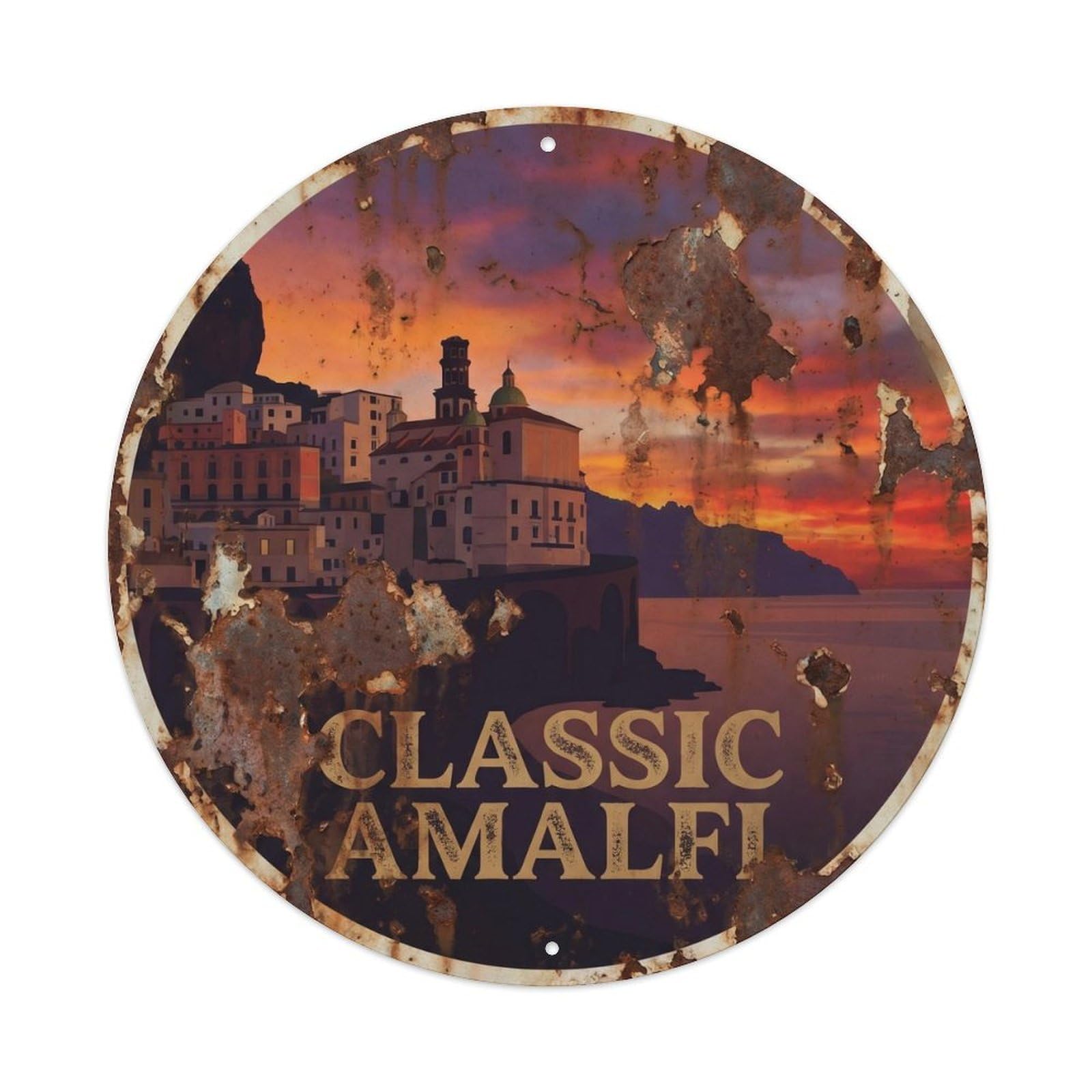Vintage Travel Amalfi Coastal Sunset Silhouette Metal Tin Sign Plaque Wall Decor for Cafe, Club, Garden Round Metal Poster 8x8Inch