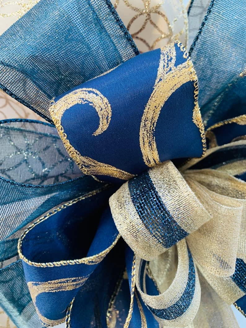 Tree topper Bow, Blue and Gold Tree Topper, Ribbon Tree