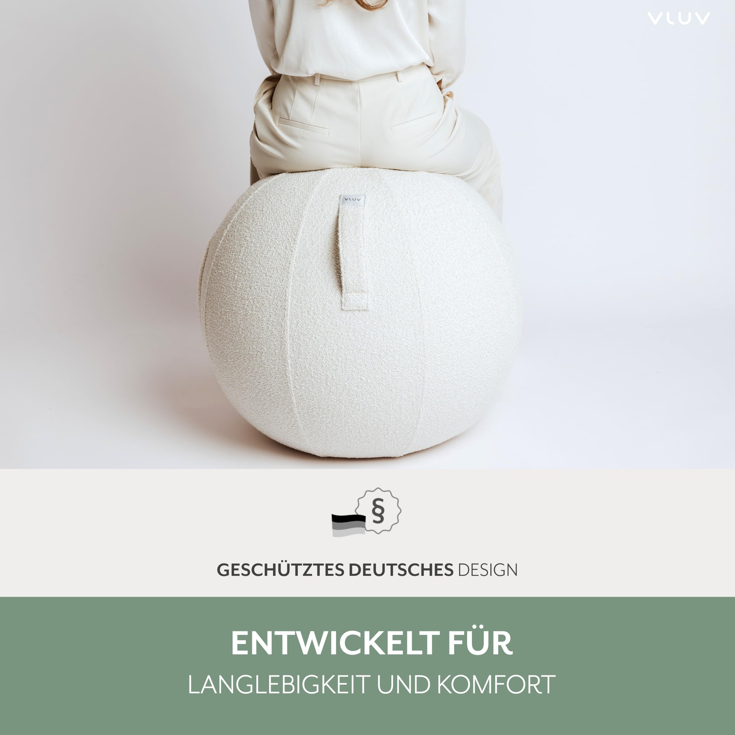 VLUV® BOL Diva Sitzball mit Bouclé Stoffbezug White (Weiß) Ø 60-65cm