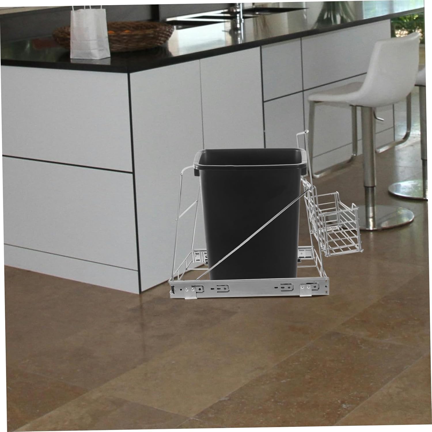 DECHOUS Adjustable Pull-out Trash Can Bracket with Slide-out Shelf and Storage Basket for Under Cabinet Use Fits Kitchen Trash Cans Design for Organized Waste Management