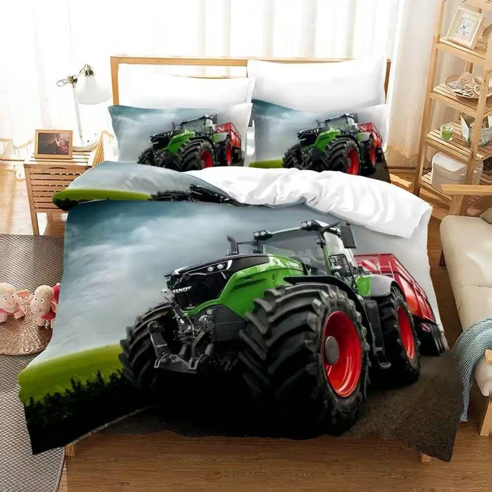 Bettwäsche 155x220 GrüNer Traktor Bettwäsche-Set mit Reißverschluss Schließung und 2 Kopfkissenbezug 80x80 cm - Weicher Atmungsaktive Mikrofaser Bettbezug für Kinder Mädchen