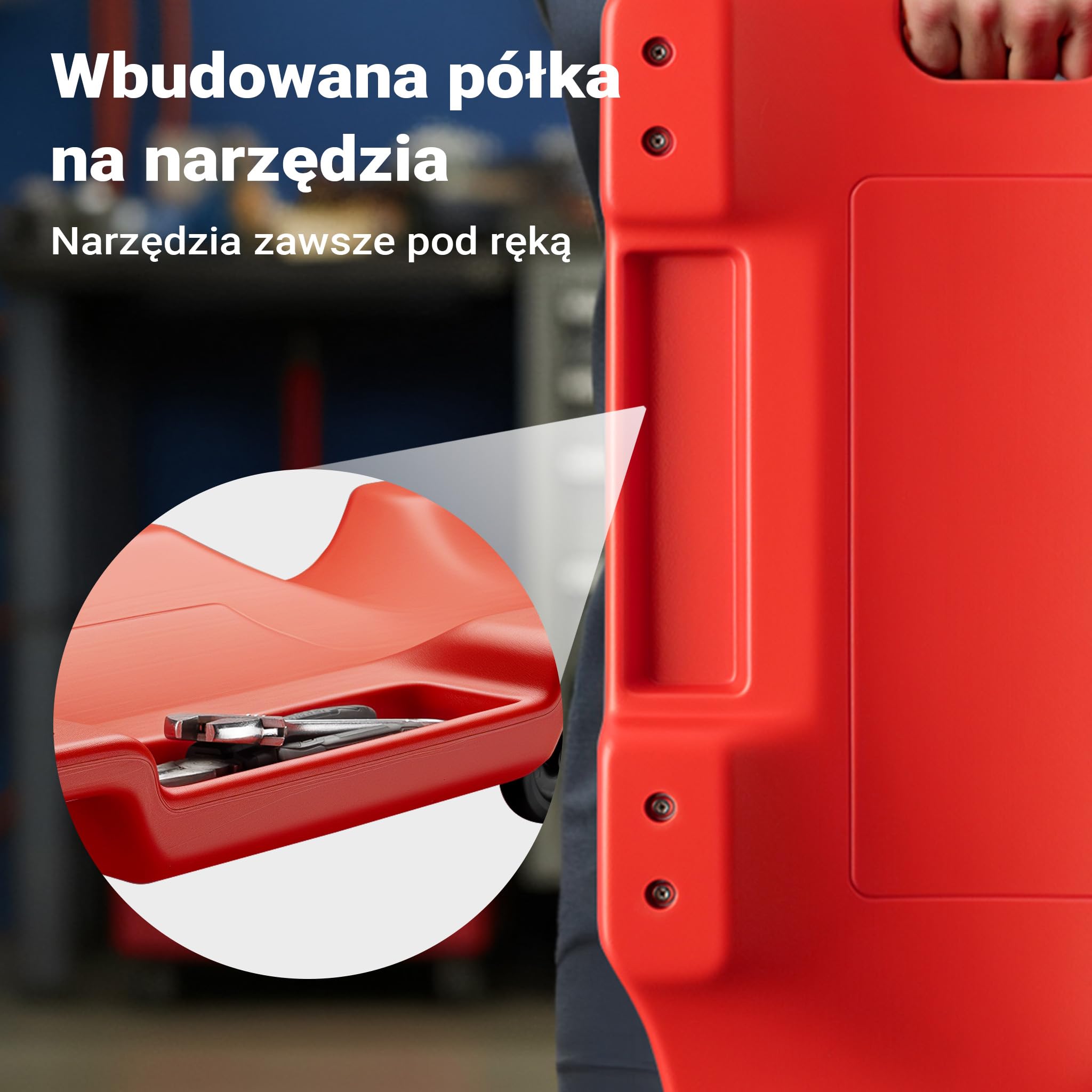 Ławka montażowa samochodowa Wiltec 102x48x12 cm do 180 kg wykonana z tworzywa sztucznego, deska na kółkach ze zdejmowanym zagłówkiem i schowkami na narzędzia, ławka na kółkach, ławka warsztatowa