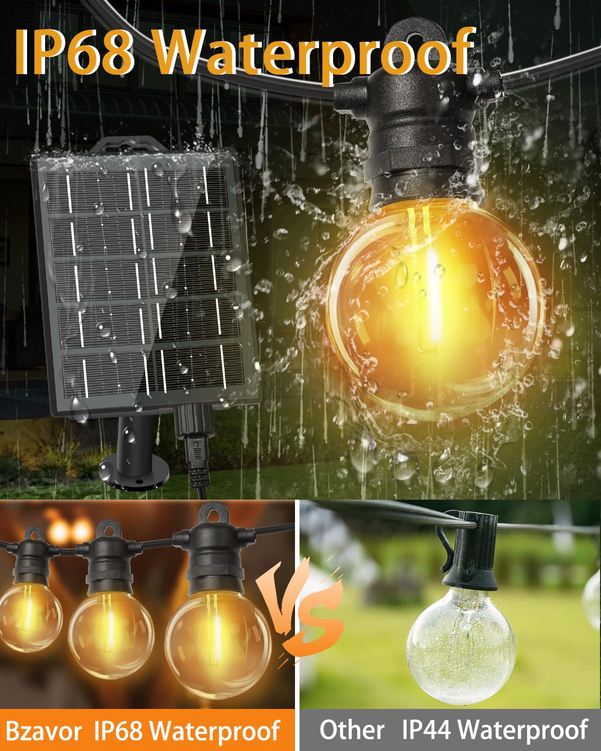 lP68 Cadena de luces solares para exteriores, 15 m, 25 bombillas + 2 repuestos, bombillas G40, plástico ABS, cadena de luces para exteriores, impermeable, para exteriores, luz blanca cálida para