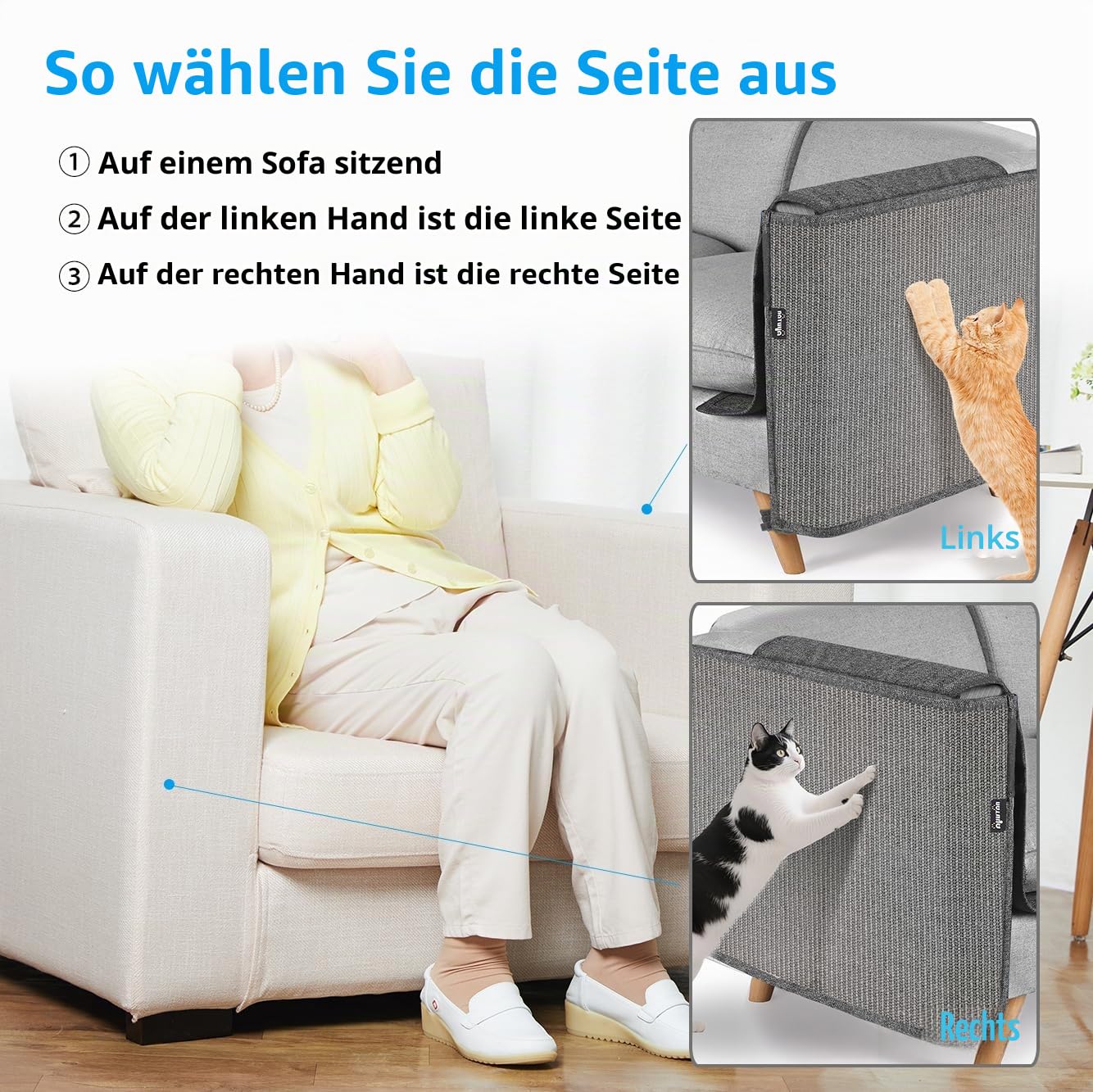 NATUYA Kratzschutz Sofa Katze Möbelschoner von Katzen - Katzenmöbel Schutz,Kann entfernt Werden, ohne das Sofa zu beschädigen (Ganz grau, Rechts)