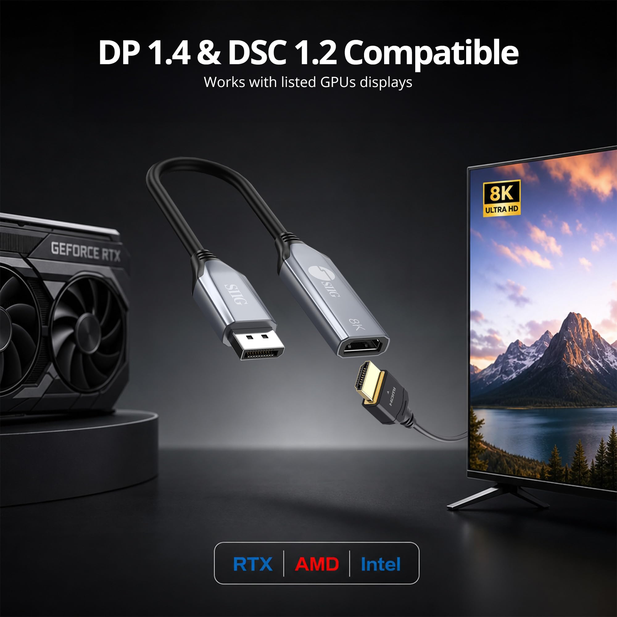 SIIG Adattatore attivo DisplayPort a HDMI 8K, ingresso video DP 1.4 a uscita HDMI, unidirezionale, supporta 8K 60Hz e 4K 144Hz con HDR e DSC, DP a HDMI Monitor Cable Adapter (CB-DP2611-S2)