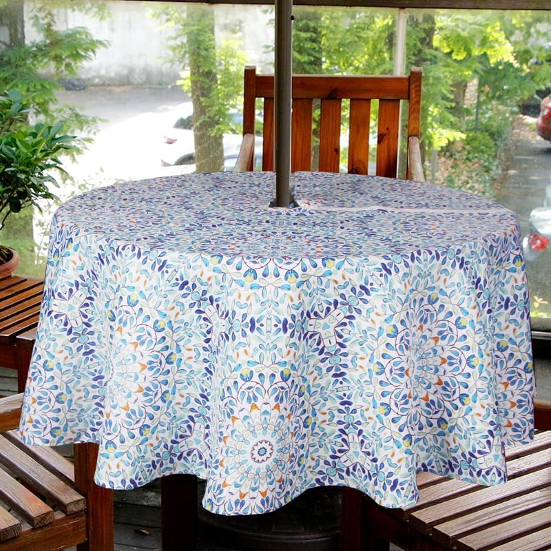 Image of EHouseHome Outdoor and Indoor 70inch Round Tablecloth with Umbrella Hole and Zipper, Waterproof Zippered Patio Table Cloths, Spring /Summer Table Covers for Backyard Circular Table /BBQs /Picnic