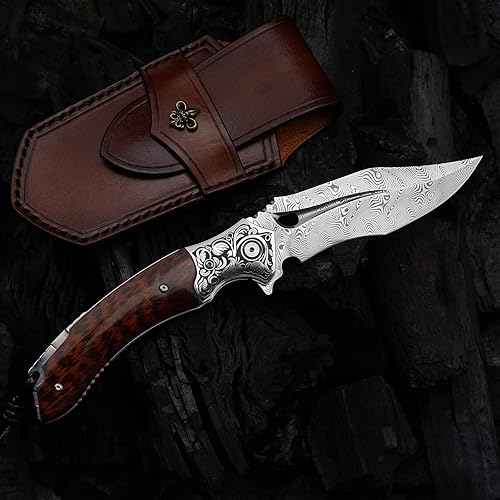 Miniatura 2 de SPIRIT DEED Cuchillos hechos a mano japoneses VG10 Damasco cuchillo de bolsillo de supervivencia salvaje cerradura forrada con mango de madera de