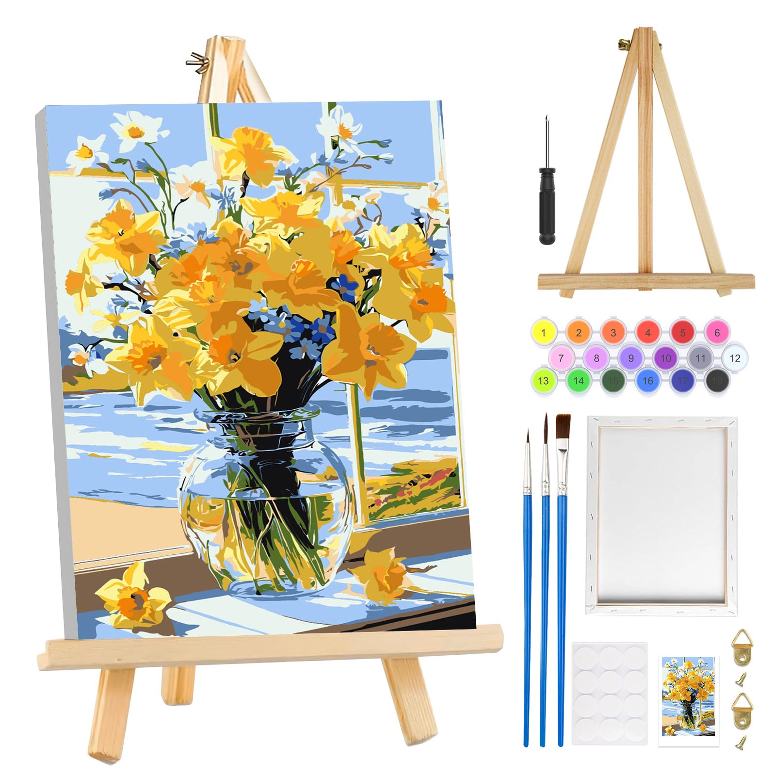 MOGTAA Malowanie po numerach, dla dorosłych, początkujących, z ramą, kwiaty, obraz krajobrazowy po numerach, dla dorosłych ze sztalugą, zestawy do malowania olejnego, rękodzieło artystyczne do