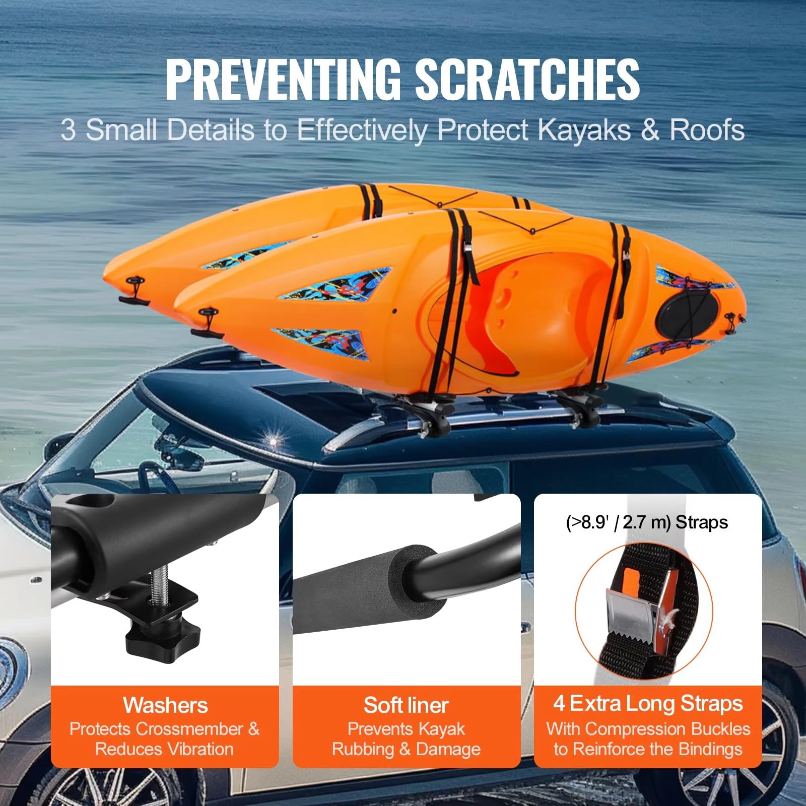 Delantero Y Trasero Baca Portaequipajes Kayak 2 Pares Blando Barra J Montaje Superior Plegable Rápido Soporte Amarre Tabla Surf Canoa Esquí Barras Coche(Unfoldable 2pcs)