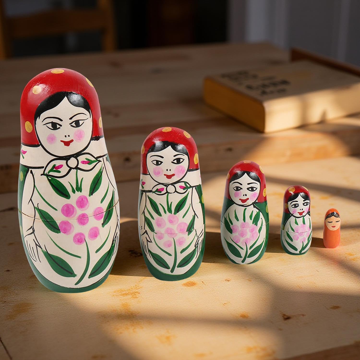 CHANNAPATNA TOYS BY MEERAN ART AND CRAFTS Wooden Russian Nesting Dolls for Kids (2 Years+) - 6 Inch Multicolor - Set of 5 pcs - Improves Hand Eye Coordination and Fine Motor Skills