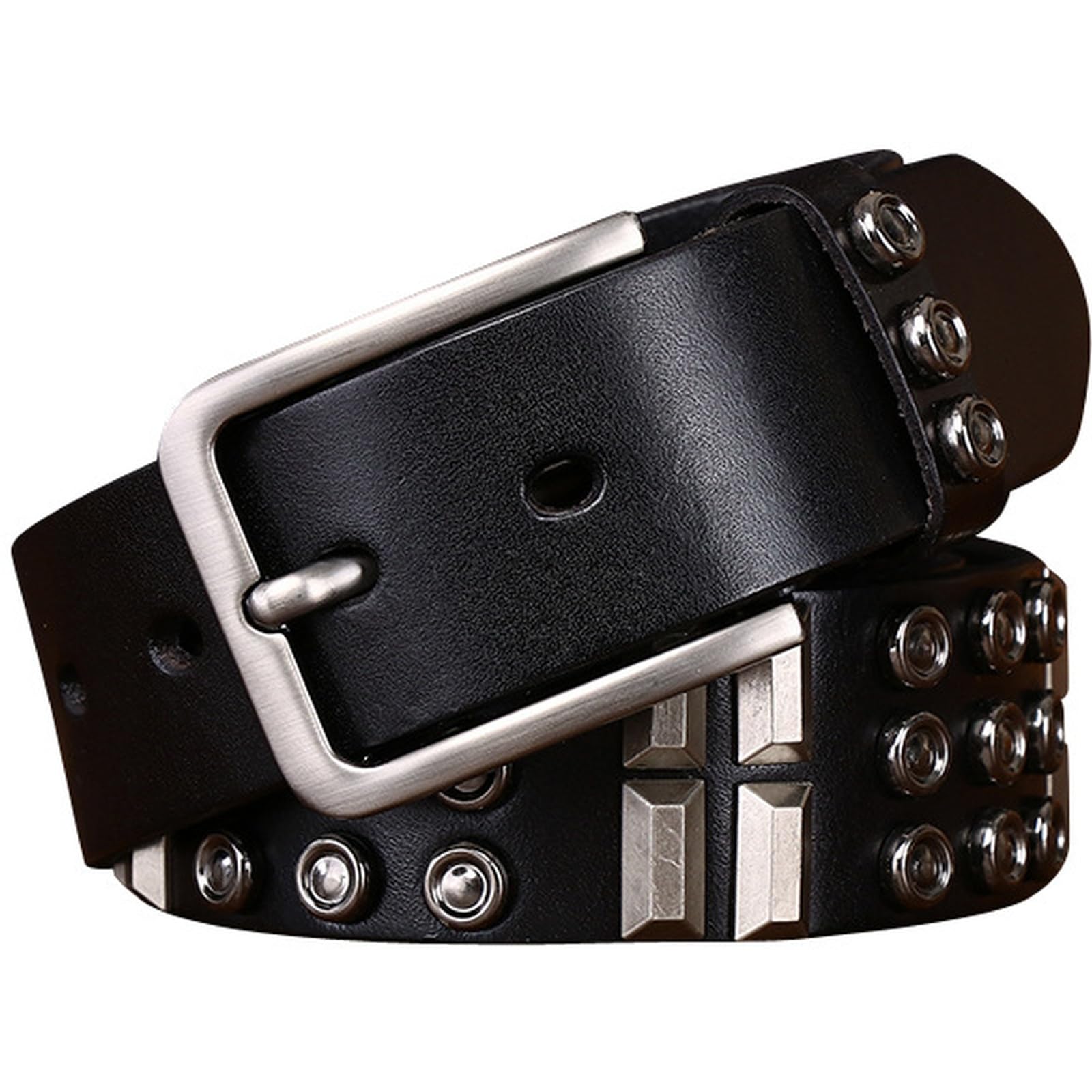 AGUTALITHIC Studded Belt Metal Punk Rock Goth Rivet Leather Strap with 3 Row Bright Round & Square Pyramid Stud for Women Men(105cm/41, Black)